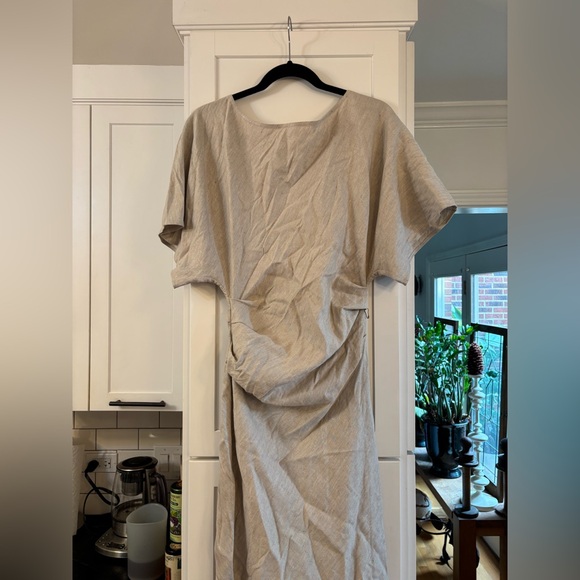 new Staud Amelie draped linen blend midi dress in natural oatmeal heather - Picture 6 of 12